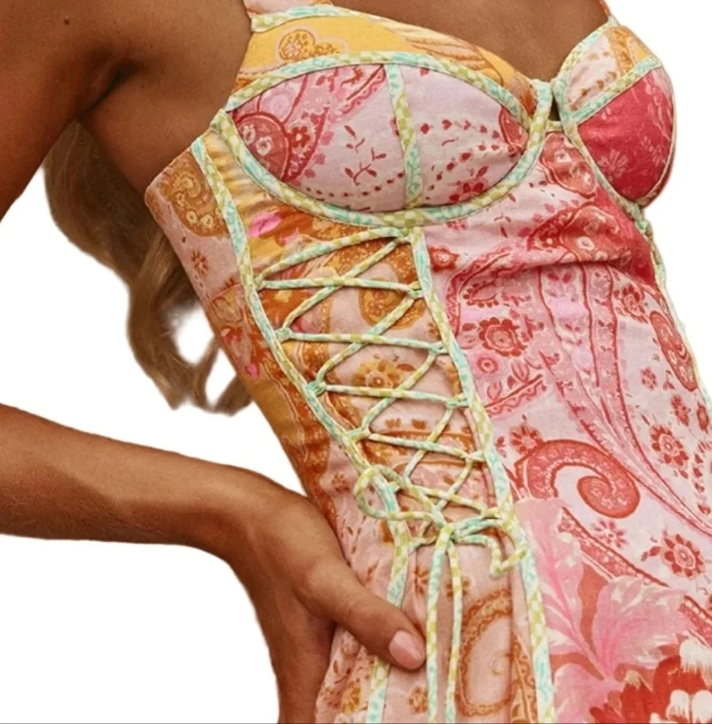 Floral Lace-Up Corset Contrast Piping Sleeveless Retro Sweetheart Mini Dress